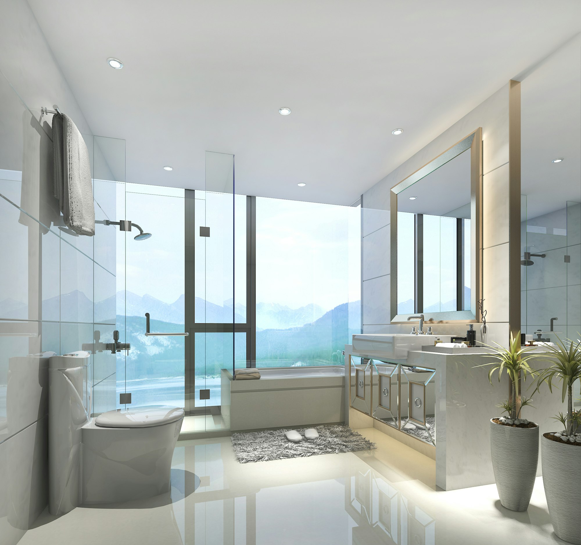 3d rendering modern classic bathroom with luxury tile decor with nice nature view from window