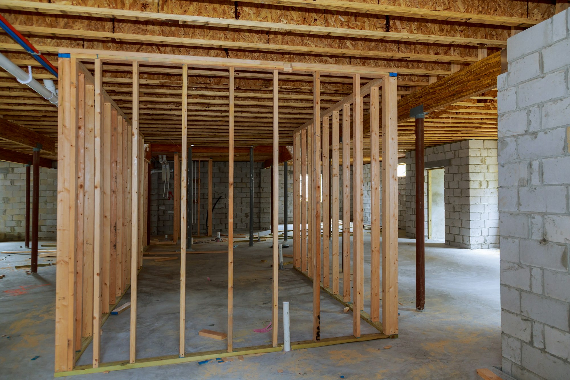 Basement construction interior wall framing renovation new home construction